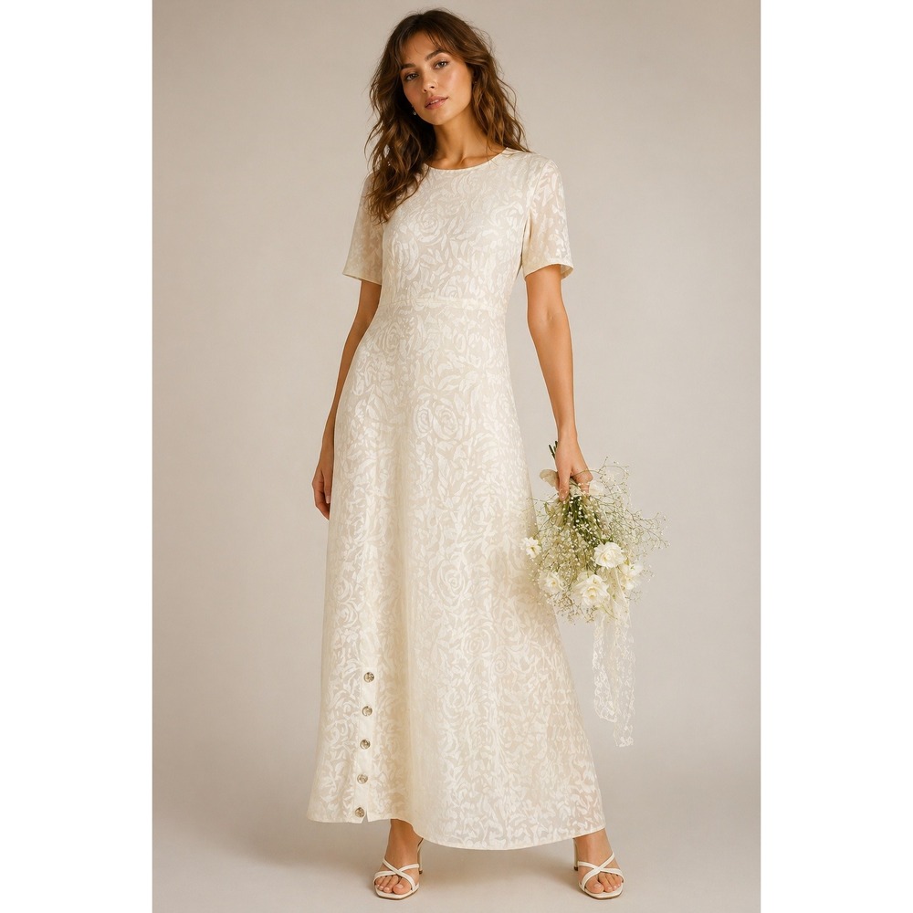 Minimalist Bridal Cottagecore Vintage Ivory Jacquard Maxi Dress‎ M Ivory